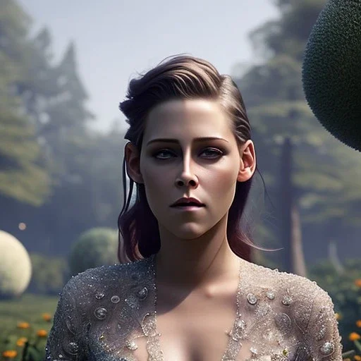 pixar style, volumetric summer garden environment and background, realistic painting of Kristen Stewart, looking excited, volumetric lighting, dramatic lighting, detailed digital painting, extreme dense and fine fur, anime, ornate, colour-washed colors, elegant, small minutiae, tiny features, particulars, centered, smooth, sharp focus, renderman gofur render, 8k, uhd, detailed eyes, realistic shaded volumetric lighting, sunlight caustics, backlight, centered camera view