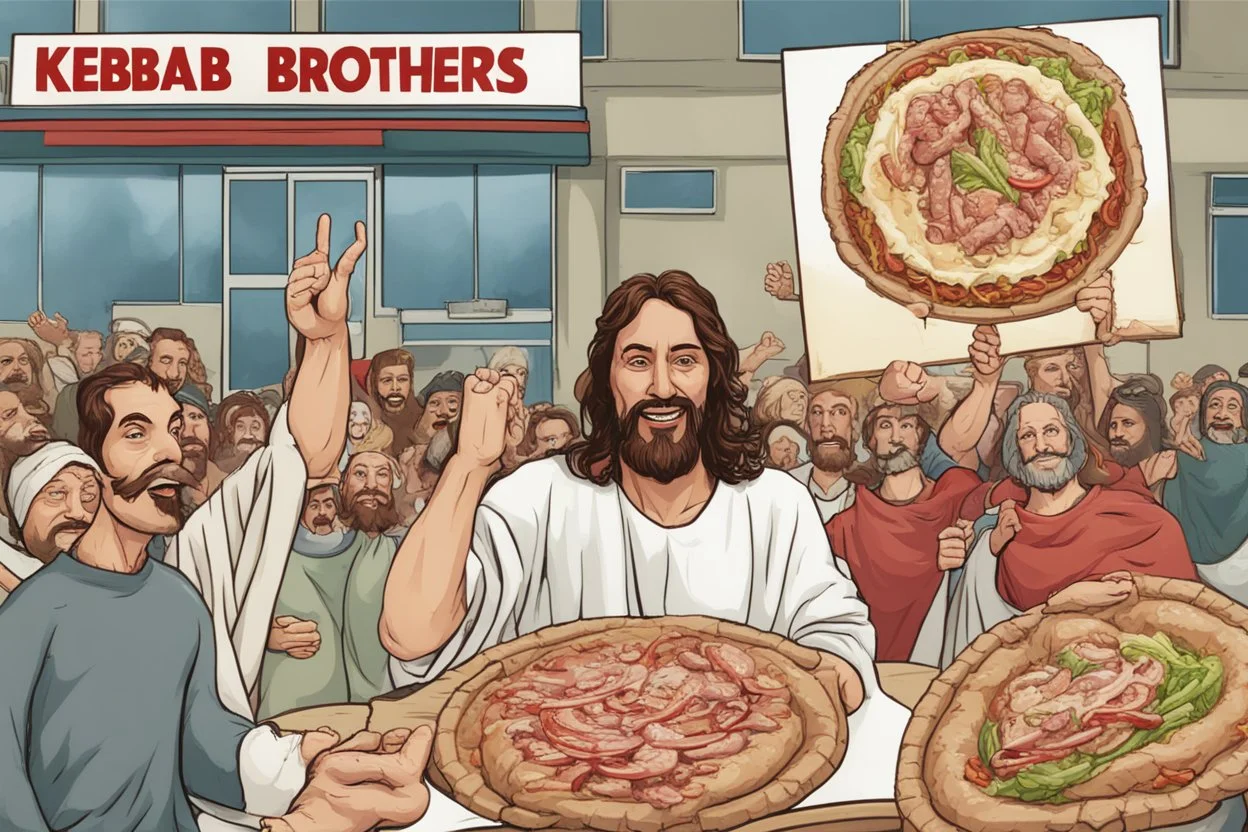 Jesus Christ is holding a big sign that says Kebab Brothers