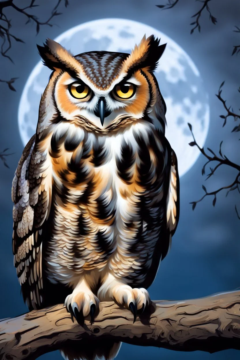 a horned Owl sitting on branch in oak tree with full moon behind it