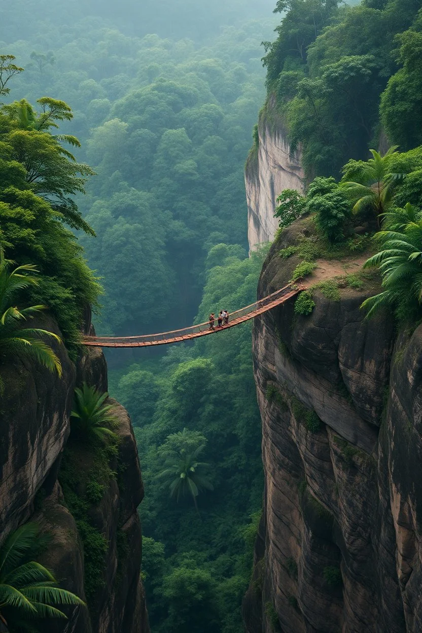 Amazon jungle high definition 8k a small bridge of robs connecting between two cliffs over the jungle