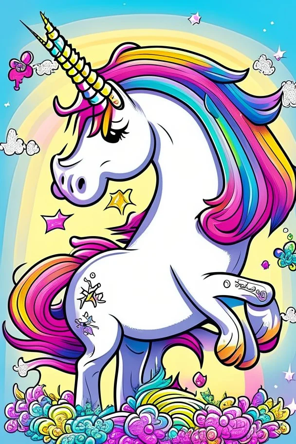 kids illustration, an unicorn image, cartoon style, thick line, low details, vivid color