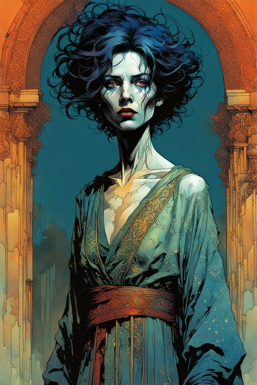 create a wildly imaginative full body portrait of an ethereal, otherworldly , gnarled and emaciated ancient antediluvian female vampire sorceress with extremely short hair in ragged and decayed ornate robes , in the comic book art style of Bill Sienkiewicz, Mike Mignola, and Jean Giraud Moebius, with highly detailed feminine facial features , finely drawn, colored and inked,