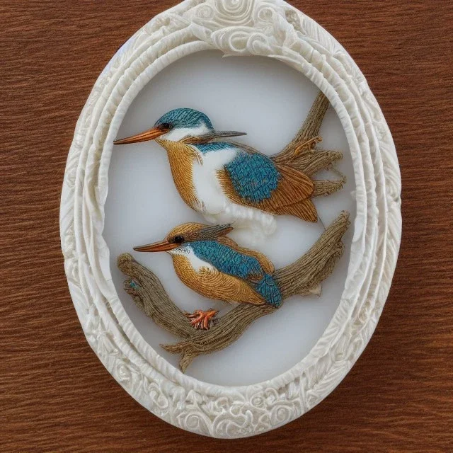 ivory brooch of a kingfisher, decorative design, classical ornament, highly ornate, highly intricate, highly detailed etching, marble carving, warm lighting, linen and wood backdrop