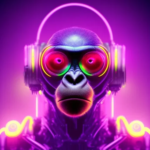 A beautiful portrait of a cyborg monkey purple neon color scheme, high key lighting, volumetric light high details psychedelic background