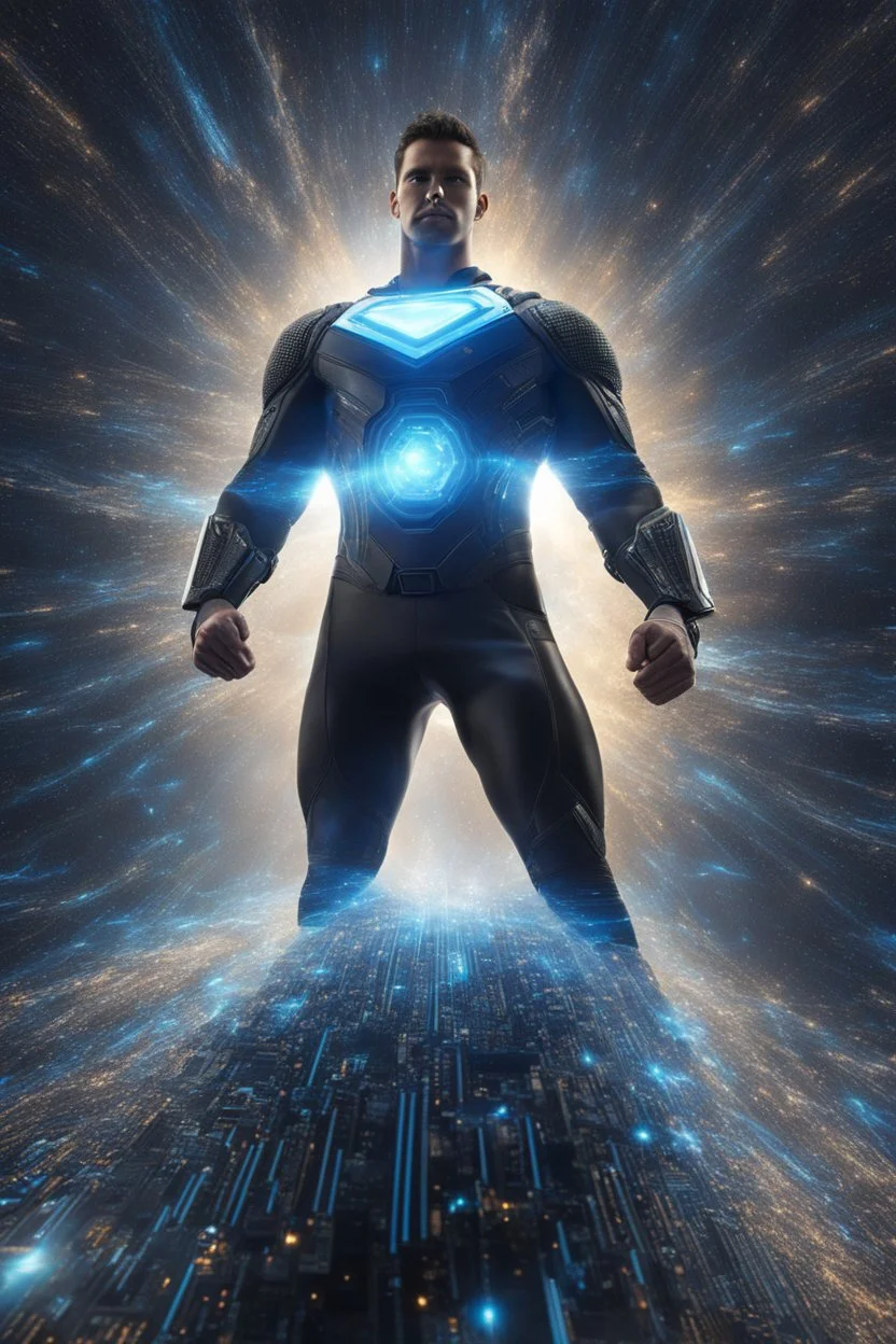 A powerful Super Coder Man, surrounded by a sea of code, with a glowing blue aura radiating from his body.