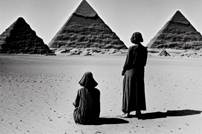 A 1922 woman looking at a black five-sided pyramid in the desert