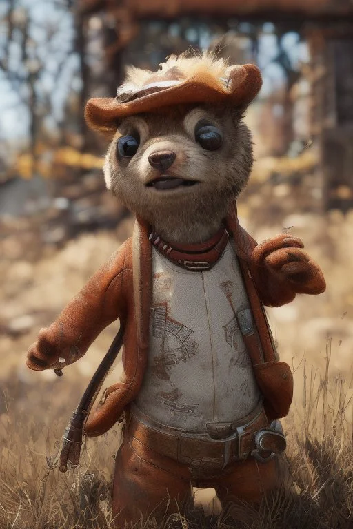 hi detail , gritty cartoon style cowboy bear squirrel , bokeh like f/0.8, tilt-shift lens 8k, high detail, smooth render, down-light, unreal engine, prize winning, in the style of fallout 4 and gta 4