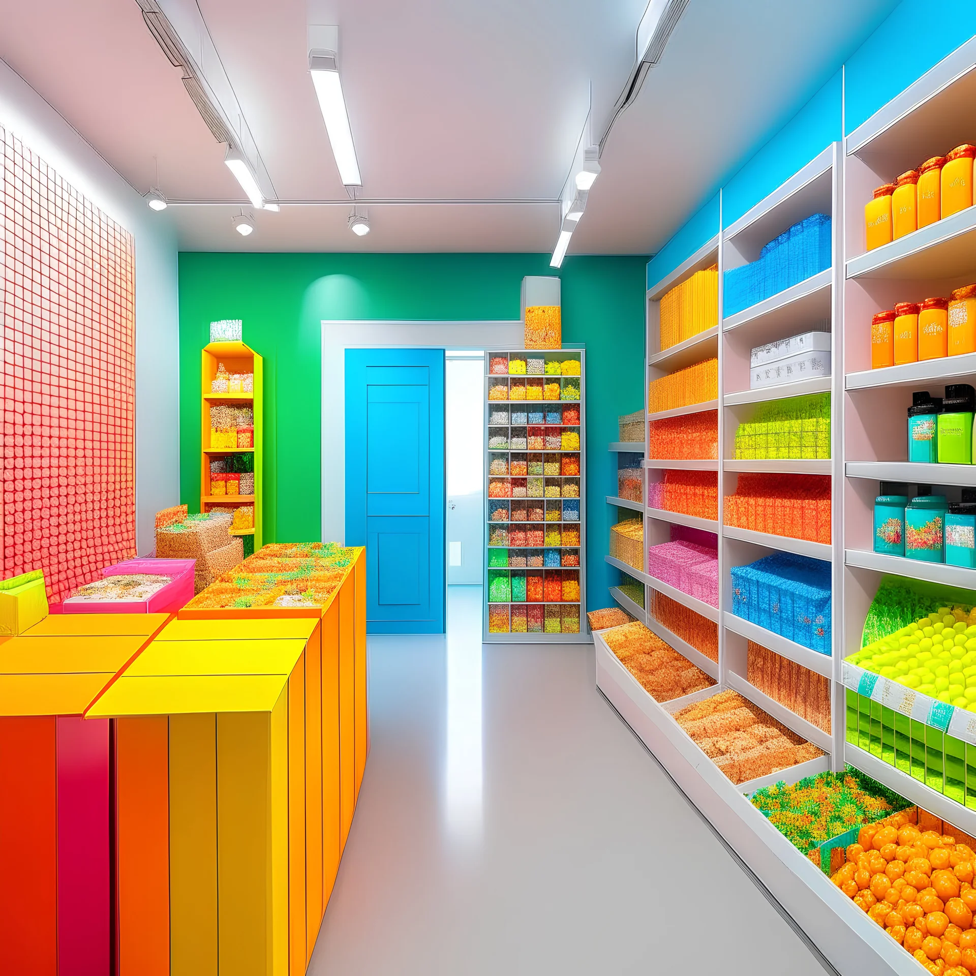 Bright Studio,What steal the smelling of food, covered in multi-option packaged snack, fashion items made out of packaged snack, packaged snack covering space, background has two walls with multi-option packaged snack