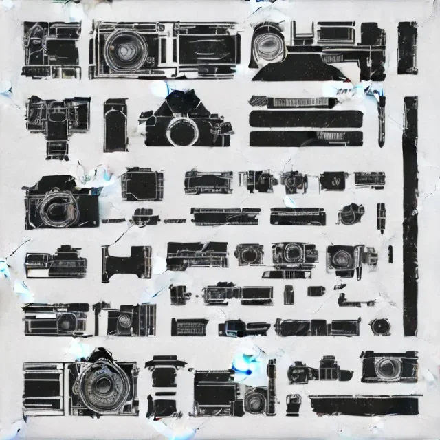 components of the camera laid out flat. poster design. high detailed. ink and acrylic.