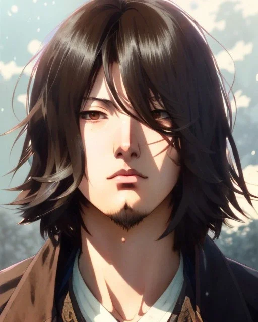 Detailed sad male anime boy with long brown hair, intricate details, full body portrait, keep head in frame, slight, black Japanese motif, concept art, highly detailed, digital painting, concept art, sharp focus, illustration, art by Yoji Shinkawa, WLOP and greg rutkowski and alphonse mucha and artgerm and yanjun Chen and Junji ito and Makoto Shinkai, HDR, octane render