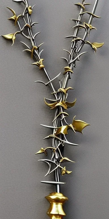 A large silver and Gold spear weapon covered in rose's and thorns, realistic, fantasy,