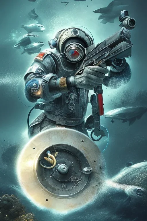 diver like a oldman,with the gun,hi quality detail,hi quality textures,cinematic,realistic,aggressive,cosmic