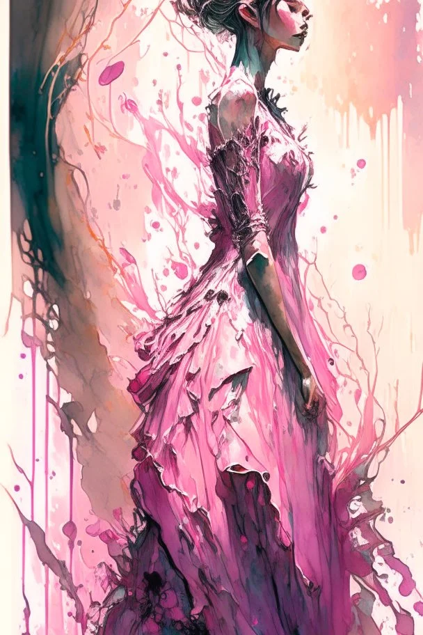 a beautiful bride in pink dress,Watercolor: brush strokes: ink drip: ink spots: by Android Jones: By Ismail Inceoglu and Jean Baptiste mongue: James Jean: Erin Hanson: Dan Mumford: professional photography, natural lighting, volumetric lighting maximalist photoillustration 8k resolution concept art intricately detailed, complex, elegant, expansive, fantastical