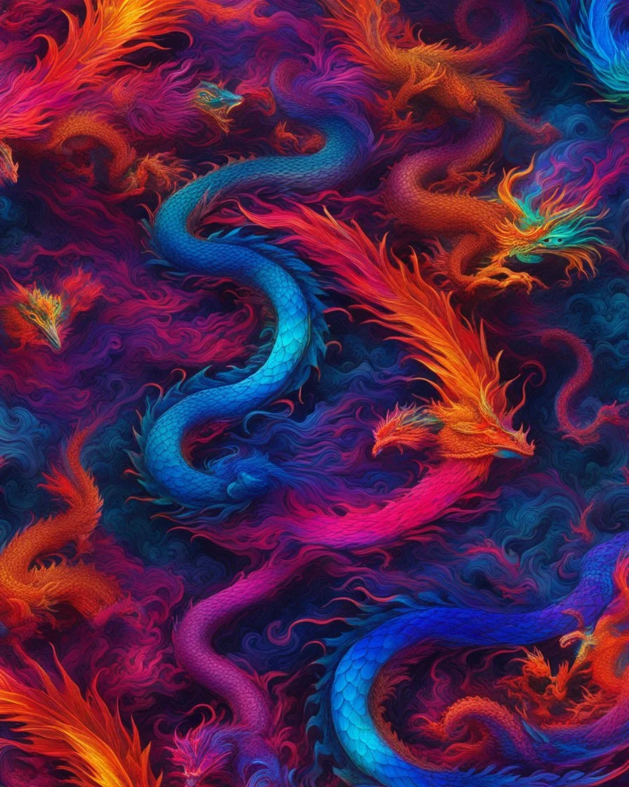 Dragon China Art in Vibrant contrast colors psydhelic -inspired design visualized with abstract neons contrast colors and fluid shapes, showcasing the beauty of biomimicry