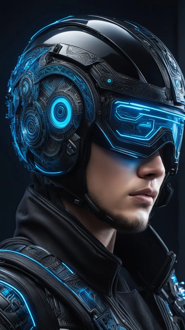 Someone wears a black glass Cyberpunk helmet , full helmet cover , Changshan, black and blue color, cyberpunk drawing style, neon, intricate details, highly detailed, high details, detailed portrait, masterpiece,ultra detailed, ultra quality