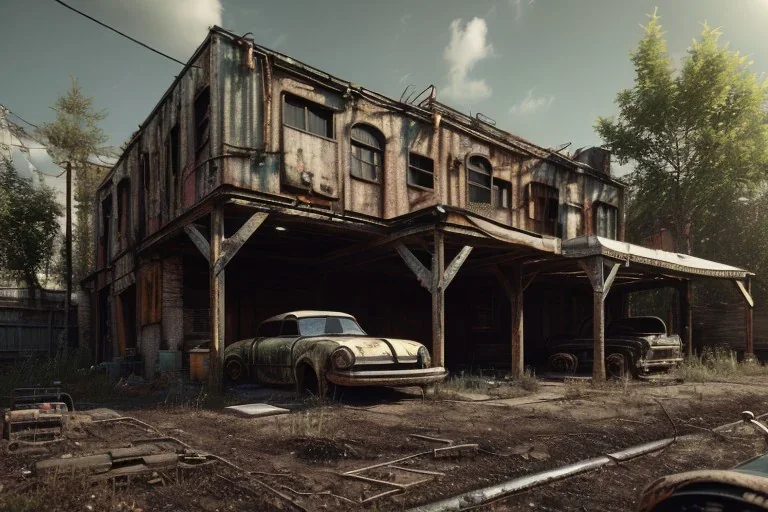 2000's gaspunk aesthetic wood trees with garage and car clasic and balck car low intricate detail intricate detail gaspunk 4k, ghetto