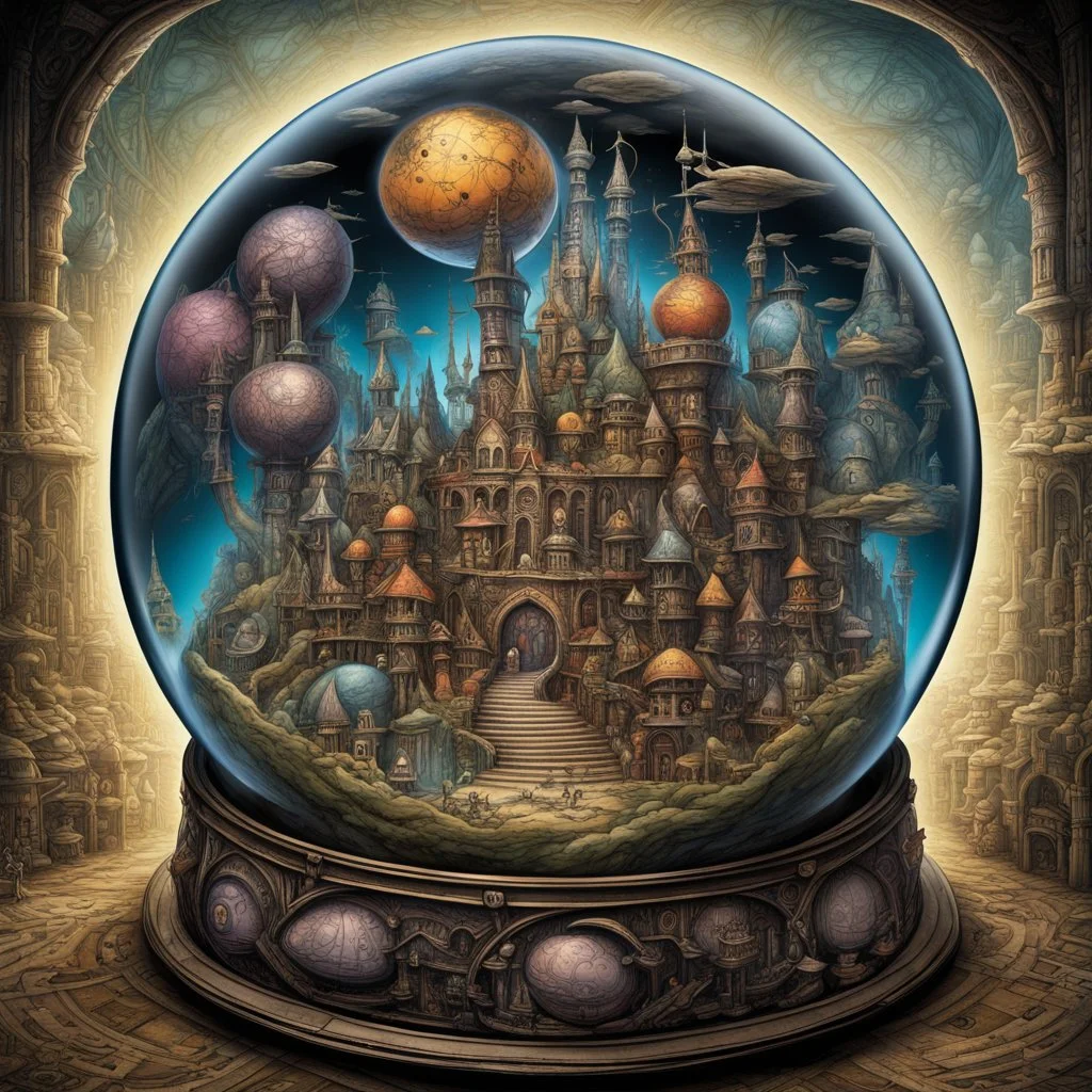 Miniature Mystical Weird-land city in a glass globe, ultra max detailed dark astral background, hyperdetailed; by John Tenniel, by H.r. Giger, by Tim Burton; hypersurrealism; bright whimsical colors, incredible composition; dynamic_lighting; meticulously composed concept art, strange mystic symbols, digital illustration, Reflections, cell-shaded, Volumetric_lighting,