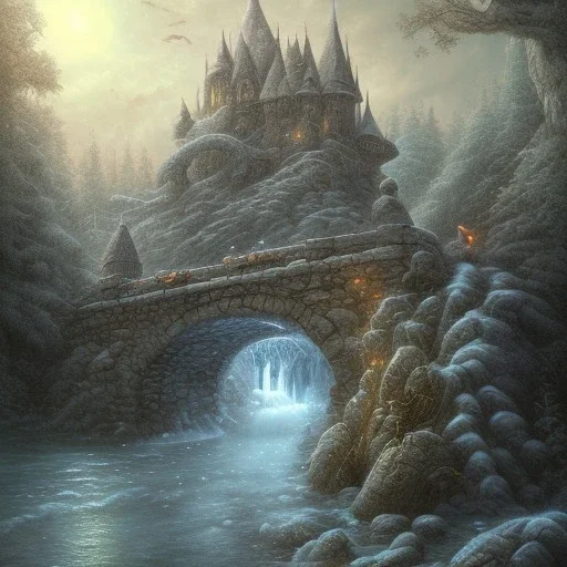 fantasy art of big mad wizard on very tight stone bridge over icy water, on the bridge is a wolf, there is also a hawk and everything is seen from the tree tops