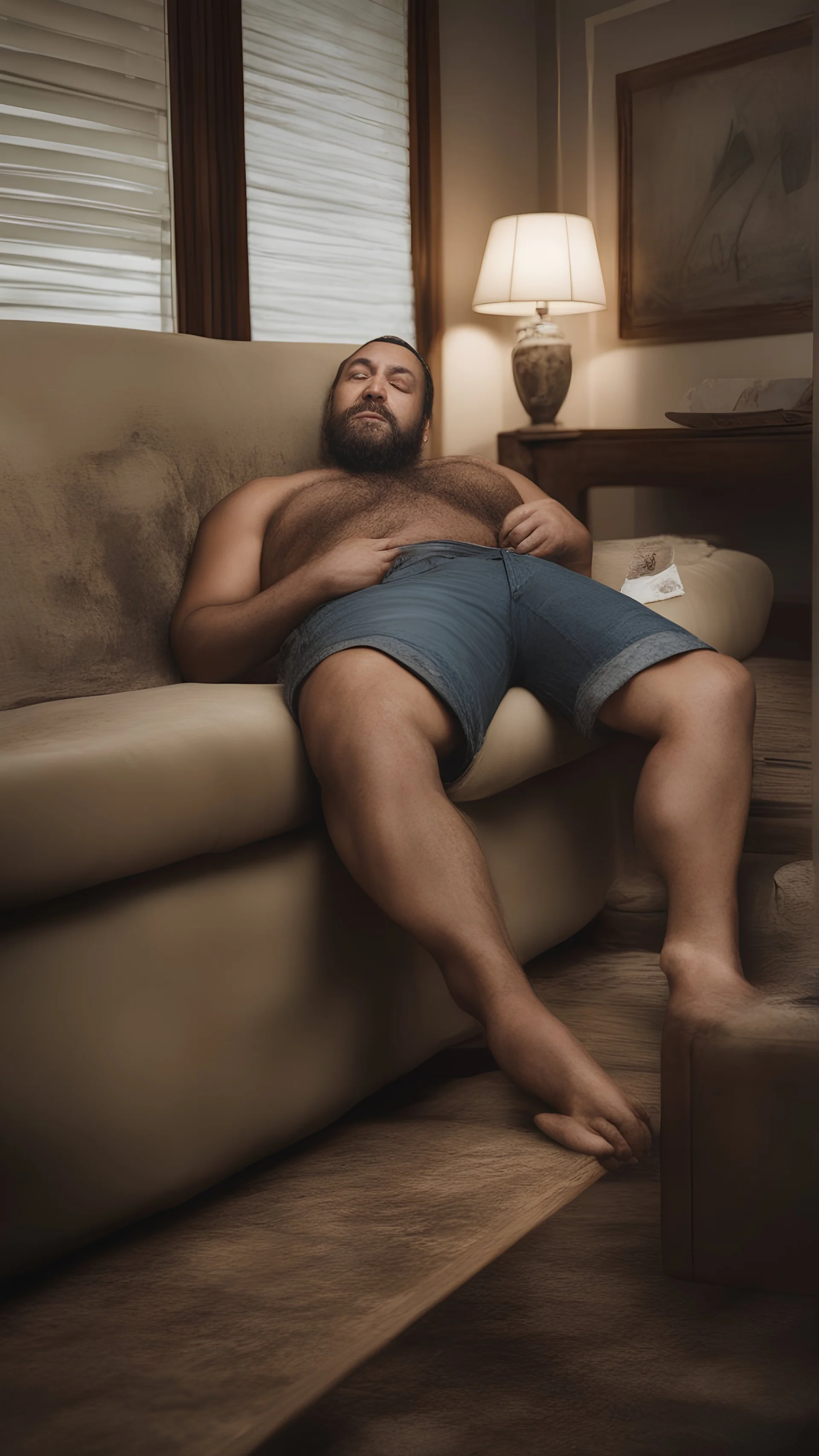 photorealistic, photography, half figure shot, an hairy men sleeping over an old sofa, hands behind the neck, Realistic photography, shirtless, shorts, well defined facial features, muscular chubby sweat dirty marocan, ugly , 34 years old , open legs, manly chest, big shoulders, manly torso, short beard , very dark living room, dim light, ambient occlusion, view angle from below, frontal view from the ground