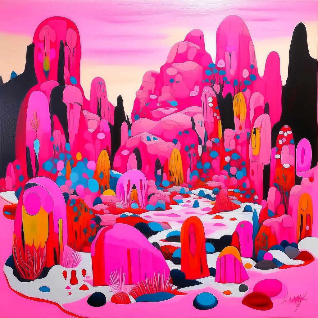 A pink magical wasteland with rune rocks painted by Stuart Davis