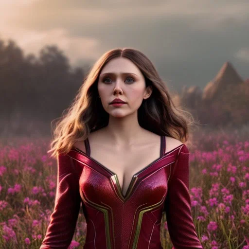 Feiticeira escarlate, Elizabeth Olsen, feiticeira, magia, bonita, cenário em um campo de flores, cinematográfico, dramático, por do sol, campo de flores, cores frias