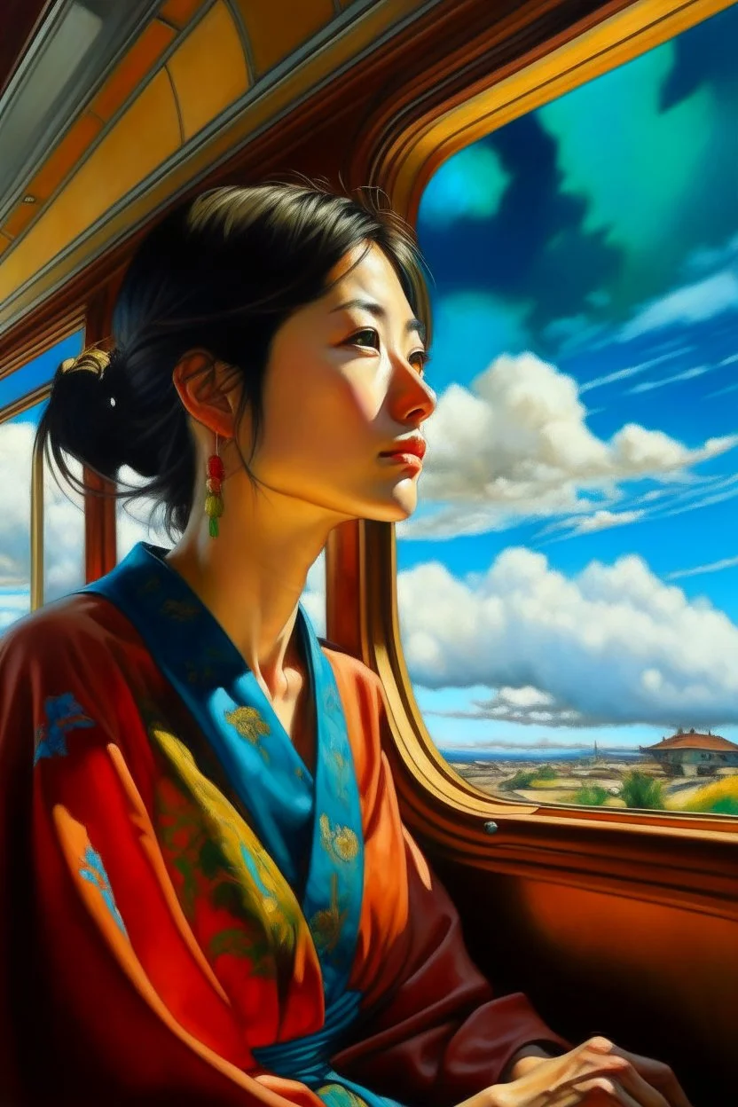 Neoclassicism japanese woman looking at window to sky in train realistic cote d'azur painting colorfull