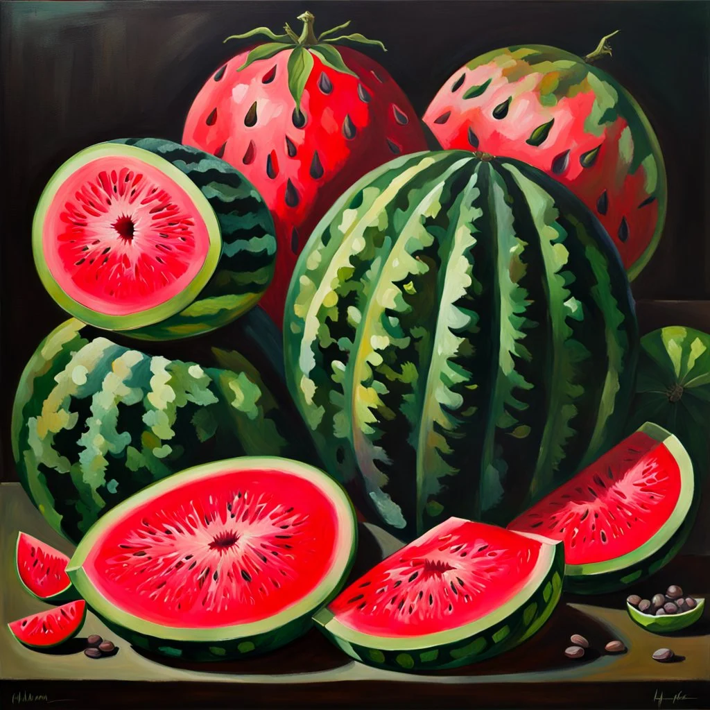 Still life oil painting depicting multiple vibrant watermelons against a dark toned background from a distance. Ripe and juicy, sliced open in several patterns, rich red interior visible, seeds visible, glossy texture, fresh green stems, contrasting bright colors, tropical fruit setting, artistic interpretation, detailed realism, bright colorful palette and paint texture, natural light, high resolution, Showcase texture and detail, by botanical painter. Blurred outlines.Looks delicious. Modifier