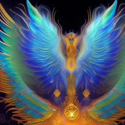 a detailed illustration of a phoenix with shiny blue wings and long glowing sparkly body, luminescent body, glinting spread wings, realistic, soft and smooth glowing wings, soft feathers, macro lens, sharp focus, meticulously detailed, soft studio lighting, smooth blurred gradient background, twinkly eye, 64k, kind,