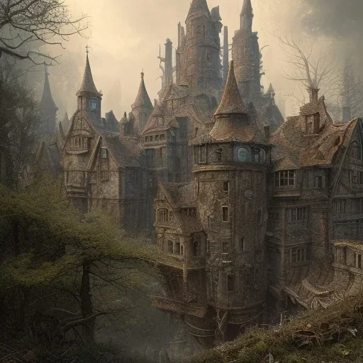 Intricately detailed view of a post-apocalyptic decaying castle, matte painting, digital art, dark fantasy style, hyperdetailed, complementary colors