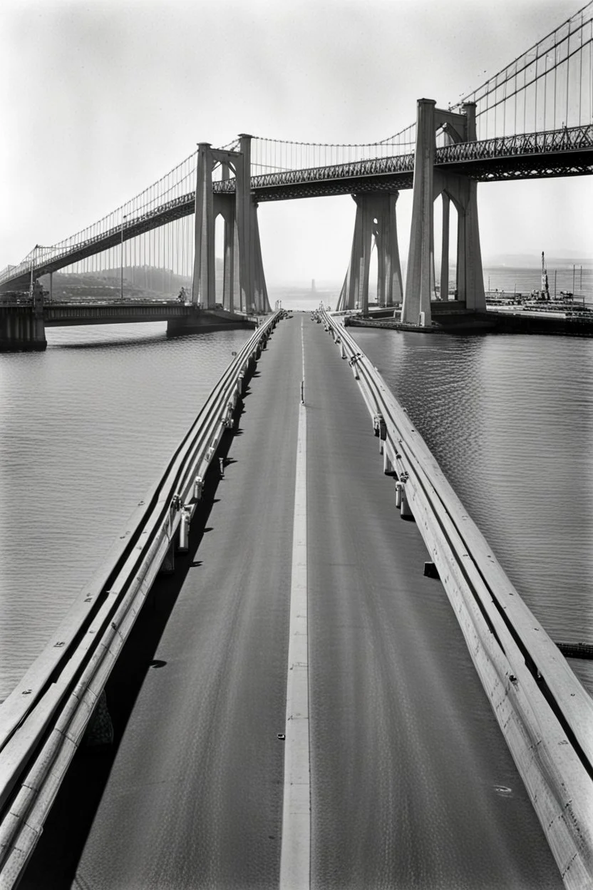 Schwarzweißfoto frontale Sicht auf Fahrbahn und Pfeiler der Oakland Bridge vom exakten Zentrum der Brückenfahrbahn aus, Horizont liegt beim unteren Drittel der Bildhöhe, mäßiger Verkehr in beide Richtungen, ausschließlich amerikanische Autos mit Baujahren zwischen 1950 und 1960