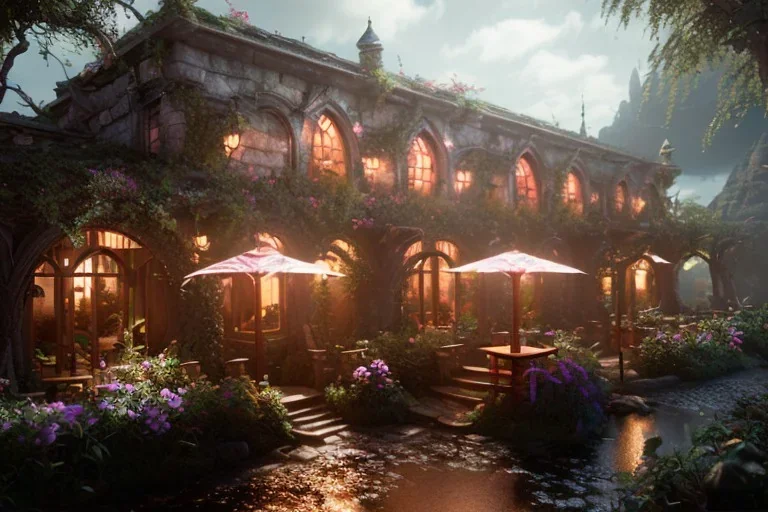 Immersive​ fantasy elven cafe with beautiful flower