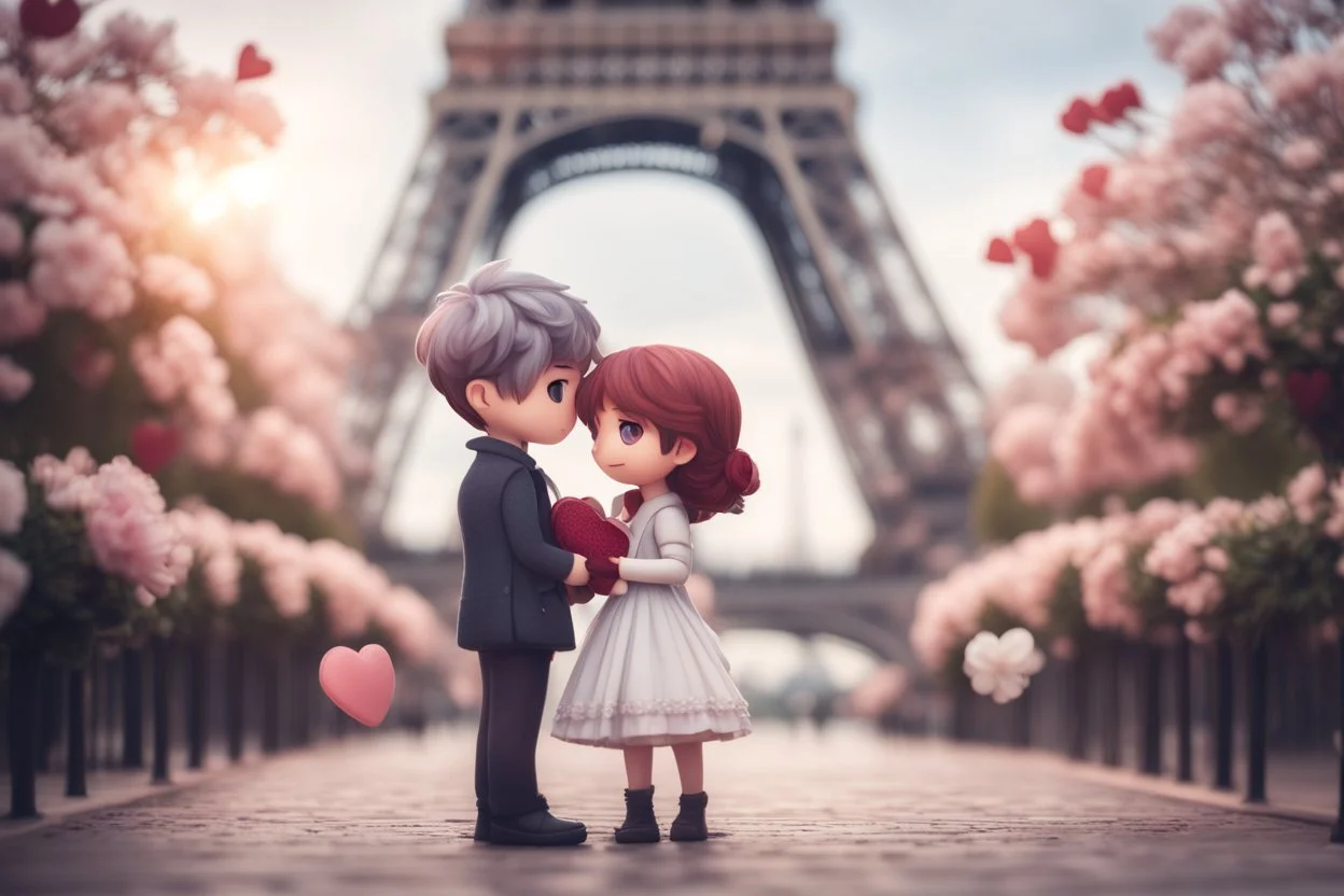 cute chibi mahogany haired girl with a short, silver haired boy, Eiffel tower, heart and love, flowers in Paris, ethereal, cinematic postprocessing, bokeh, dof