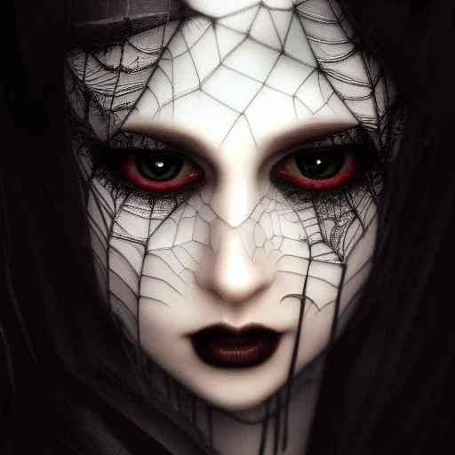 beautiful gothic woman with thick white spiderwebs on face, dark, runny mascara, 8k, high-quality, fine-detail, intricate, sharp, crisp, digital art, detailed matte, illustration, octane render, brian froud, howard lyon, Anne Dittman, Anne Stokes, Lisa Parker, Selina French