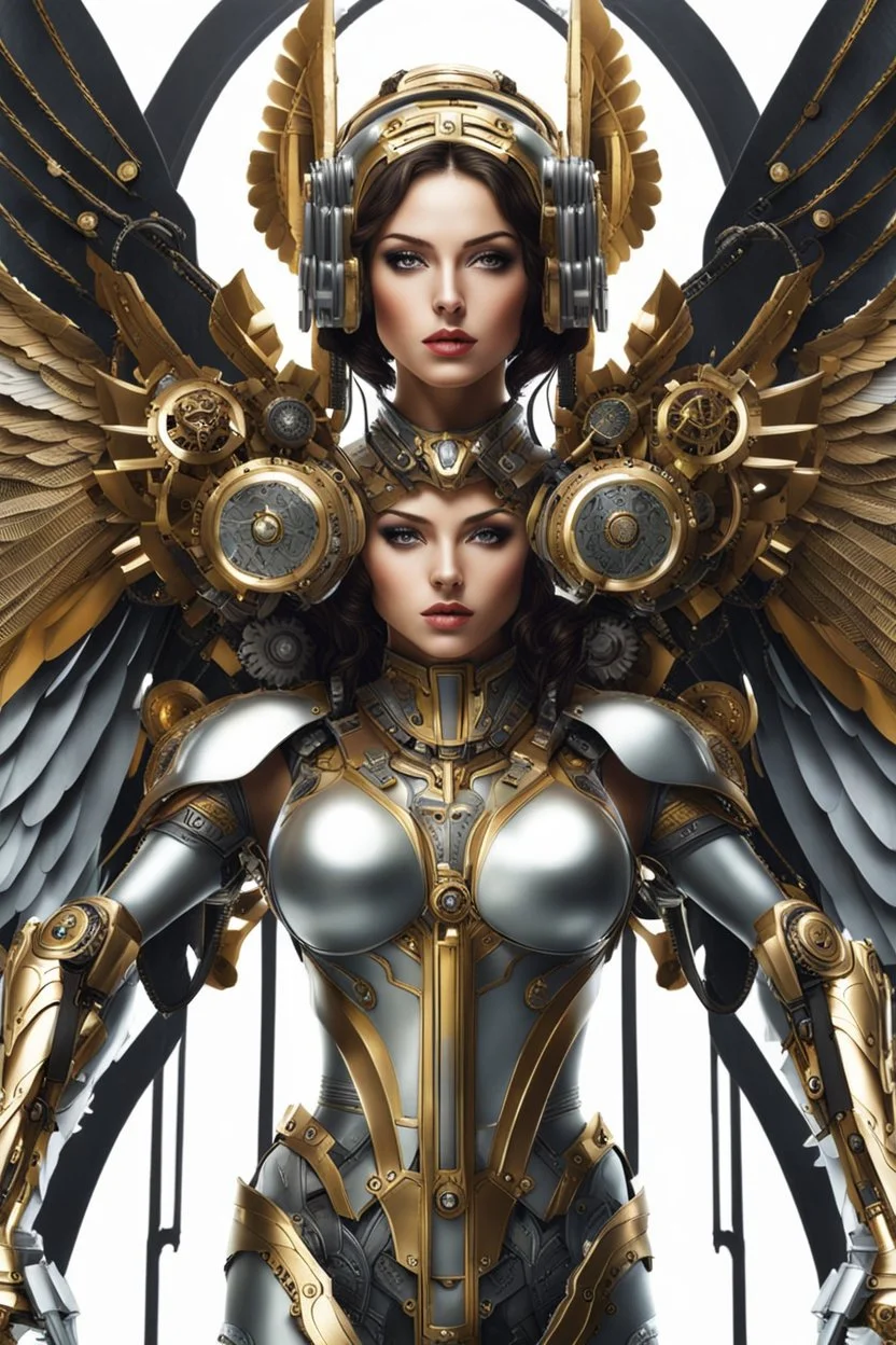 Photo Full body Lady Angel cyborg straddle wings, using traditional armor,detailed, intricate,gears cogs cables wires circuits, gold silver chrome copper,abstract background