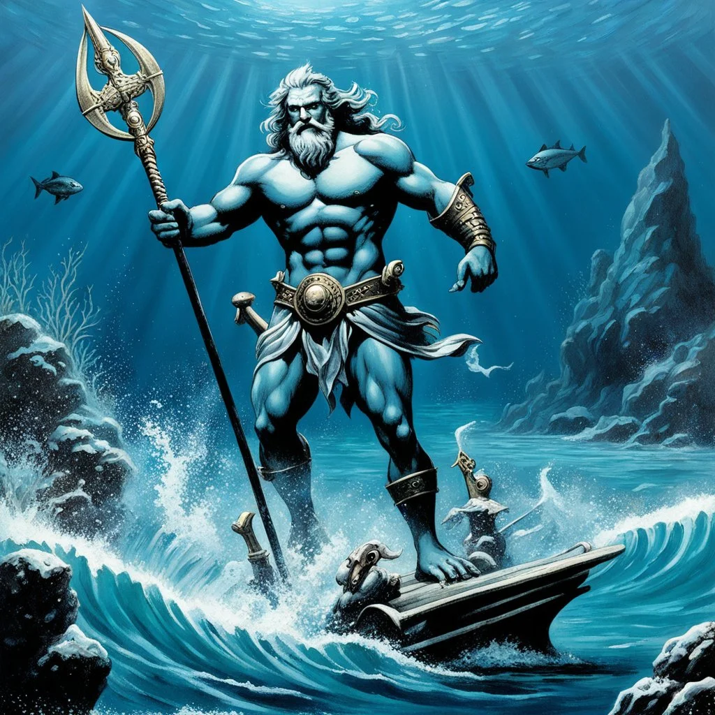 (art by Ray Harryhausen) Neptune in the deep ocean holding his Trident, Standing on a Sled with no wheels drawn by two great Bluefish swimming in the same direction Neptune us facing