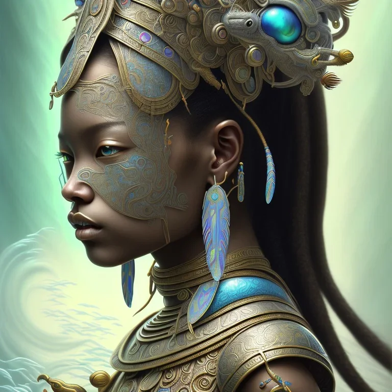 Sango fantasy, fantasy magic, intricate, sharp focus, illustration, highly detailed, digital painting, concept art, matte, art germ and Paul Lewin and Kehinde Wiley, masterpiece Mayan princess dancer head bronze feather's' Asian African girl nice breast Thai hair turquoise silver blue under water