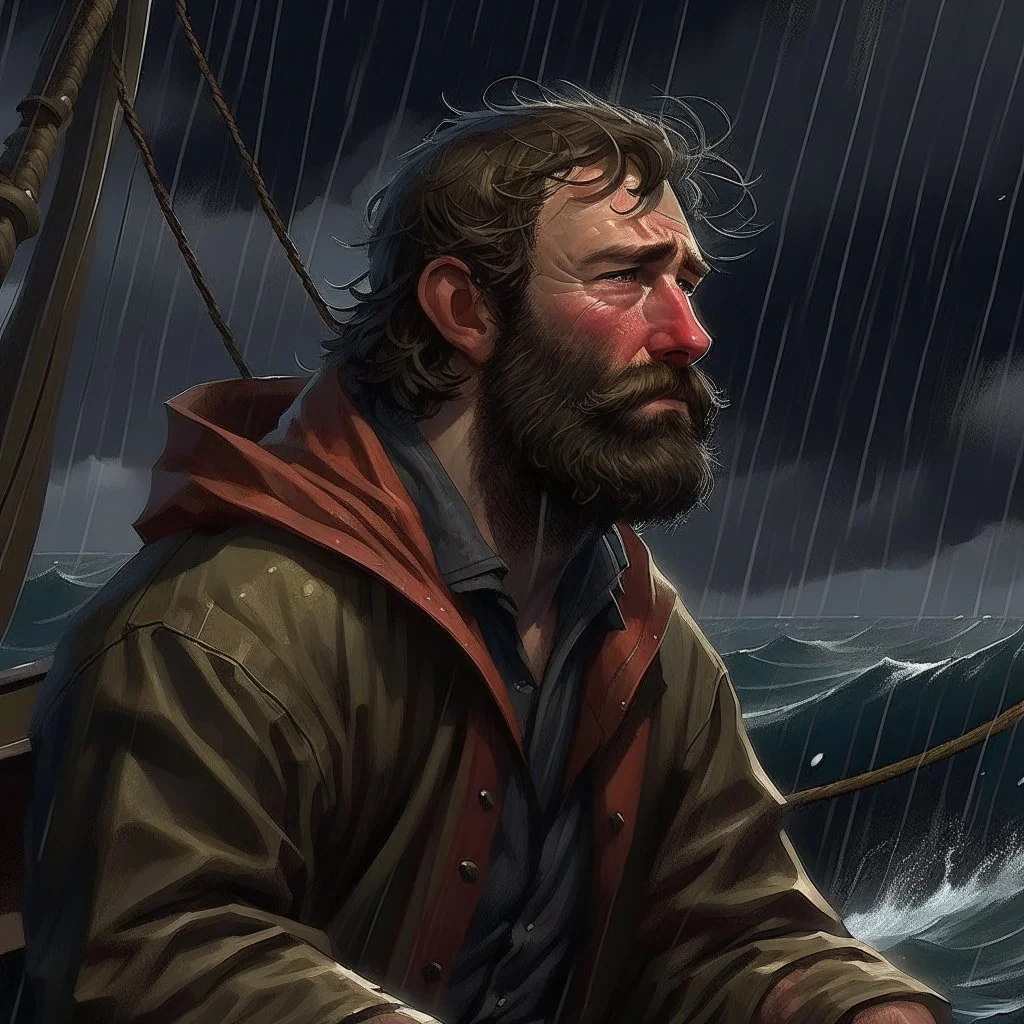 The lanky brown haired bearded deckhand "Simon Lionguard" looking out at a stormy sea realistic grimdark