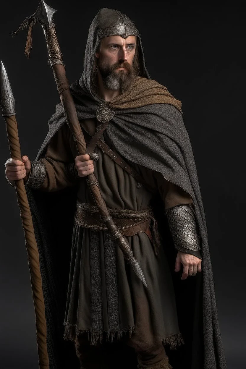 celtic spear warrior with cloak without helmet