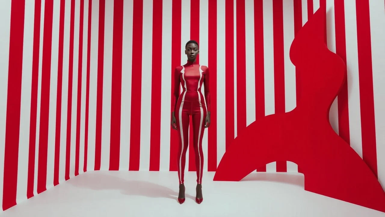 The image features a figure standing against a striking backdrop of red and white vertical stripes. The figure is also dressed in a form-fitting outfit that mirrors the background pattern. To the side, there is a stylized, abstract shape in a similar red and white color scheme, creating a cohesive and vibrant visual effect. The overall composition emphasizes a bold contrast and an immersive environment.