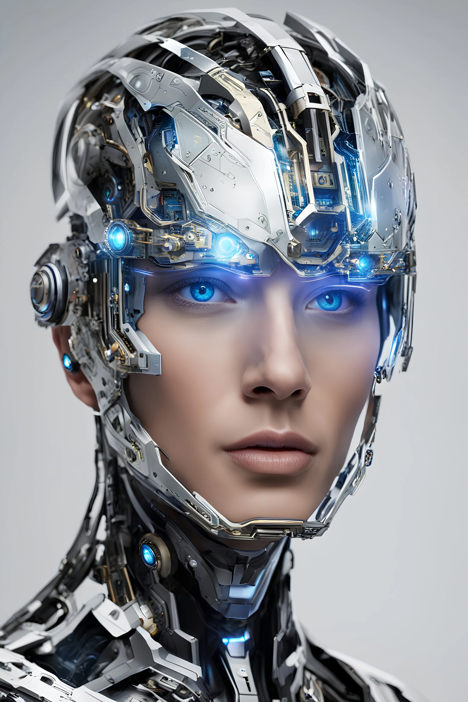 A futuristic cyborg with enhanced vision, wearing sleek, metallic headgear reminiscent of Google's Project Glass. The cyborg's face is half organic and half mechanical, with a glowing cybernetic eye that seems to be connected directly to their brain. The other eye is still human, but it's framed by intricate circuitry and a thin layer of protective iridescent film. The cyborg's skin is a blend of synthetic and natural materials, with visible wires and tubes running beneath the surface.reflection
