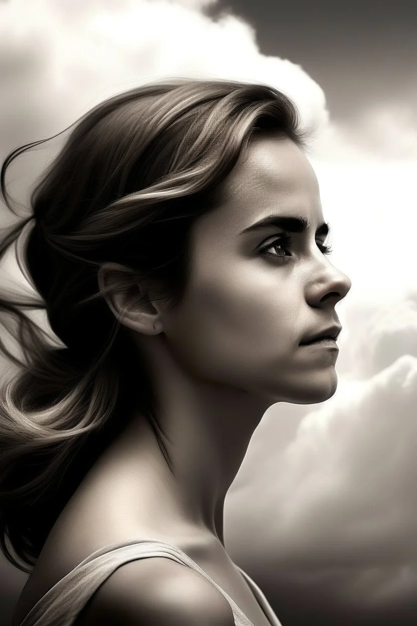 emma watson : The contours of the woman are crafted from dense yet delicate clouds, making her appear goddess-like as she seemingly floats weightlessly in the sky. Boundless Harmony: The amalgamation of clouds forms a feminine figure seamlessly merging with the surroun