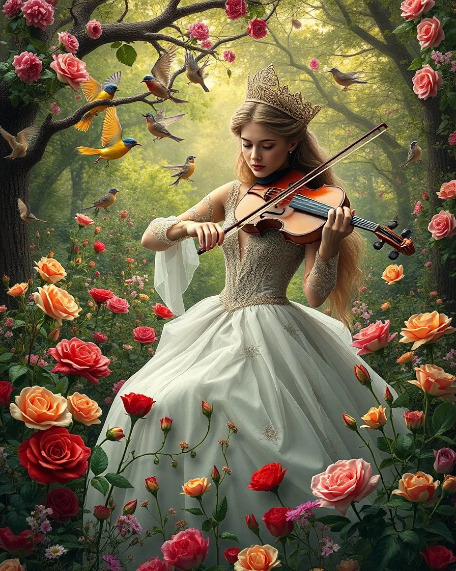 Gorgeous Photography Beautiful Princess playing violinist in Wild garden,flower,birds surrounding,fractal ornamentation, over detailed, gloriously full and confusing, nothing that really exists, everything made up, fantasy world, sweet briar, photography graphic art, song birds, ochre rose,rose buds, dewy morning, forest of oaks