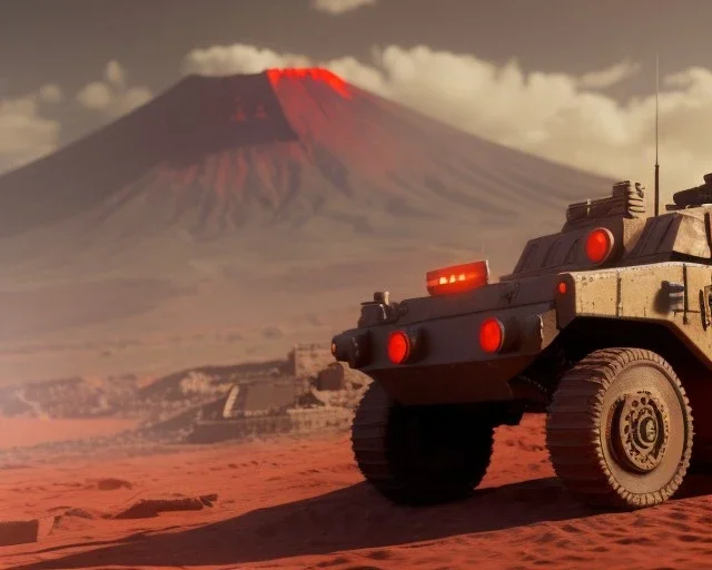 wide angle of Gi joe driving A lunar armored rover with tracks and claw and orange, troops, volcano in background, headlights