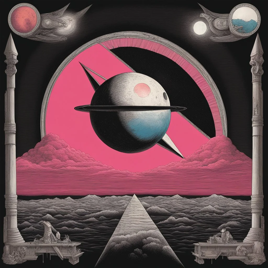 And if your head explodes with dark forebodings too I'll see you on the dark side of the moon, Pink Floyd album cover art, asymmetrical maximalism, by Albert Kallis, liquid color ink illustration, dark brooding colors.