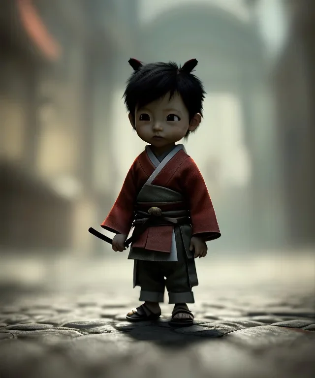 little boy samurai. shadows, Brent Weeks, Night Angel, cobblestone street alley, highly detailed, hyper-detailed, beautifully color-coded, insane details, intricate details, beautifully color graded, Cinematic, Color Grading, Editorial Photography, Depth of Field, DOF, Tilt Blur, White Balance, 32k, Super-Resolution, Megapixel, ProPhoto RGB, VR, Halfrear Lighting, Backlight, non photorealistic rendering