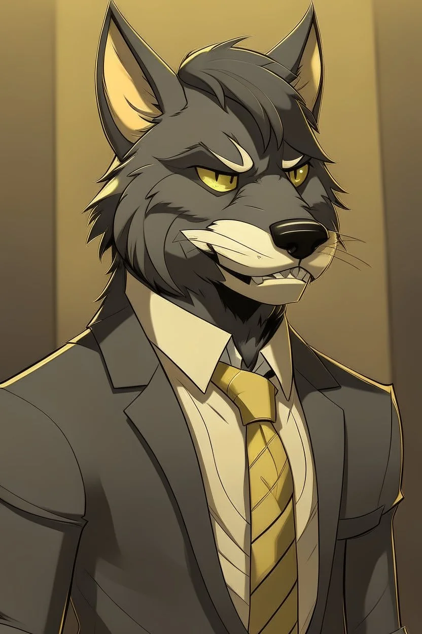 Buff anthro wolf himbo with black fur and gold eyes wearing a suit