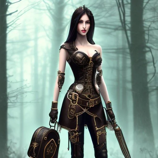 steampunk, dark forest, black hair, leather clothes, long legs, full-body