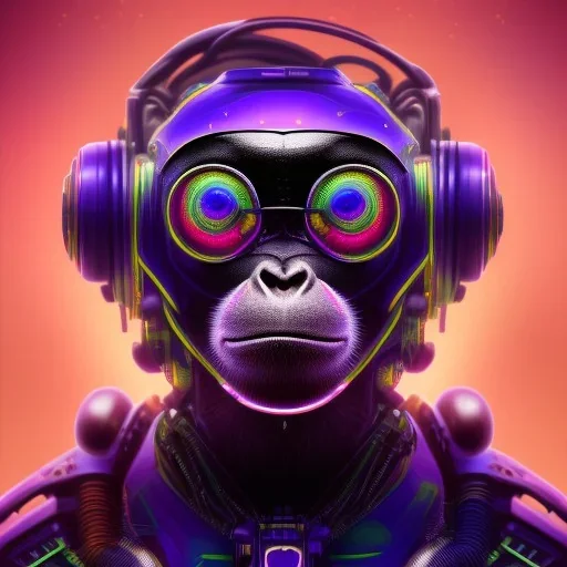 A beautiful portrait of a cyborg monkey purple neon color scheme, high key lighting, volumetric light high details psychedelic background