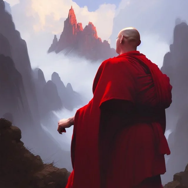 Portrait of a monk, red robe, mountain background, fog, grimdark, Frank Frazetta, Greg Rutkowski, hyperdetailed, dnd, trending on Artstation, Splash screen art, dynamic lighting, hyperdetailed, intricately detailed, a masterpiece, 8k resolution