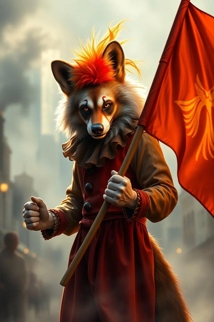 aardwolf clown man holding reflective transparent burning flag, painting by Rembrandt, with motion blur city background, and volume light fog with sunlight rays